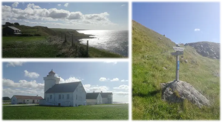 Tre bilder fra kystområdet ved Obrestad fyr i Hå kommune, Norge. Øverst til venstre: Utsikt over grønne marker og kystlinje mot et glitrende hav. Nederst: Obrestad fyr med hvit bygning og rød takkuppel under blå himmel. Til høyre: Et skilt med turstedsnavn plassert i et kupert gresslandskap ved en steinrøys